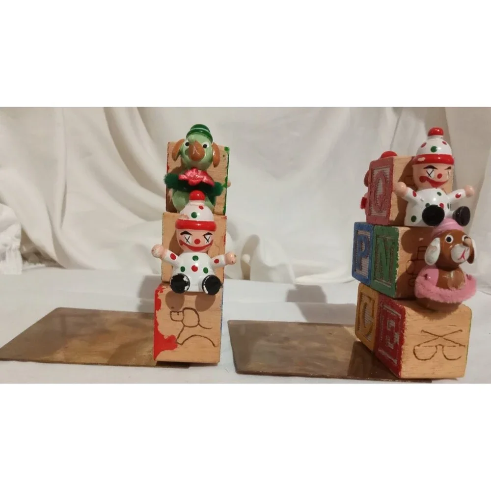 Vintage ABC Wood Block 1970's  Bookends Brass Base Wood Blocks Clown Dogs